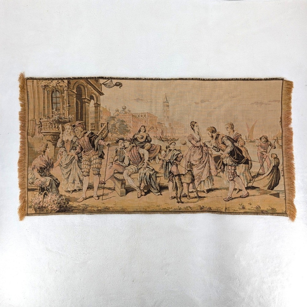Vintage‎ Belgium Woven Tapestry Venetian Courtyard Scene Fringed Wall Art